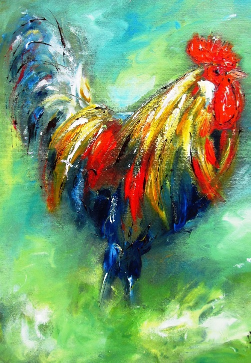 14-painting of rooster on green